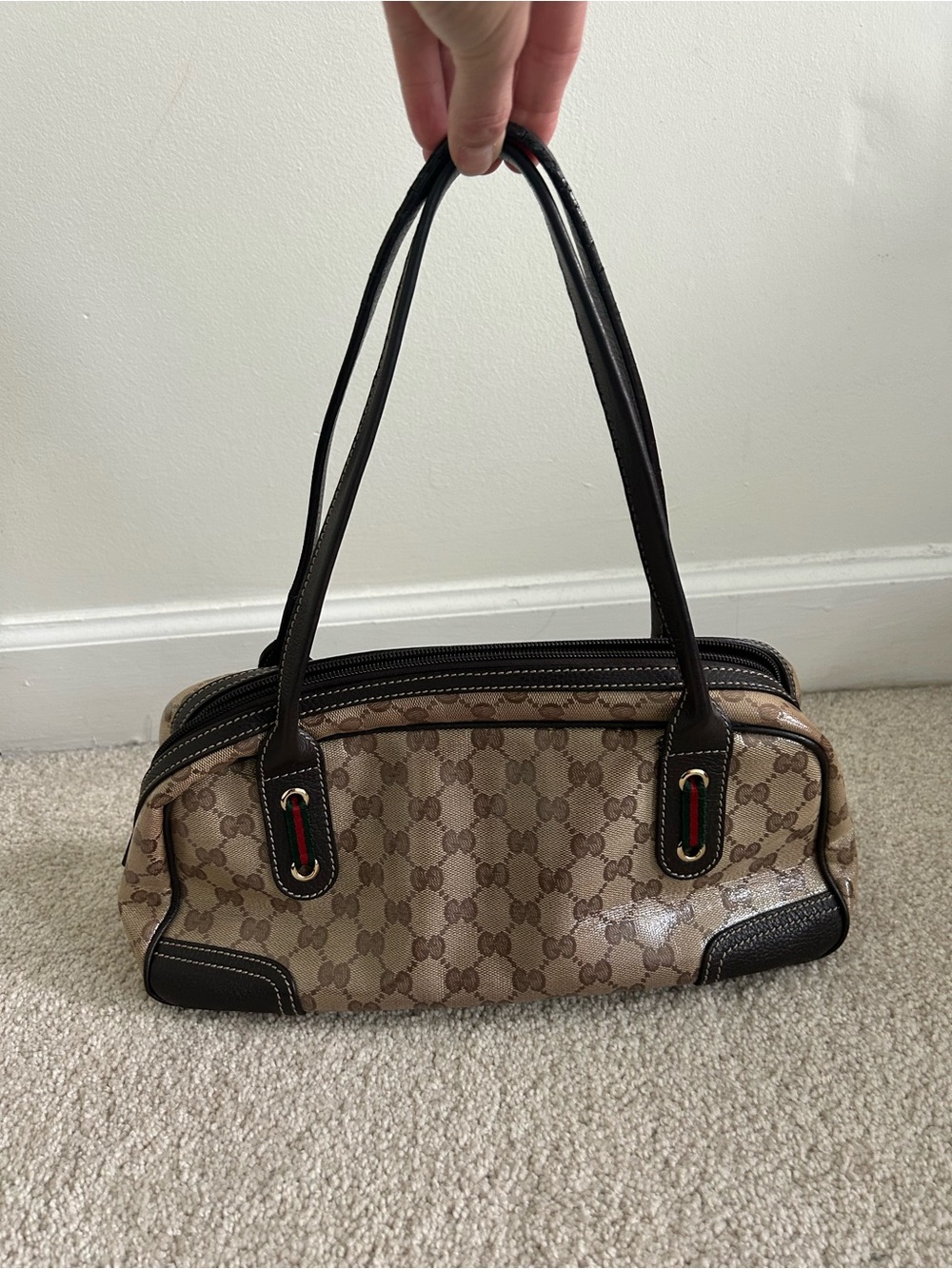 Gucci Beige-Brown GG Canvas Shoulder Bag with Dark Brown Trim